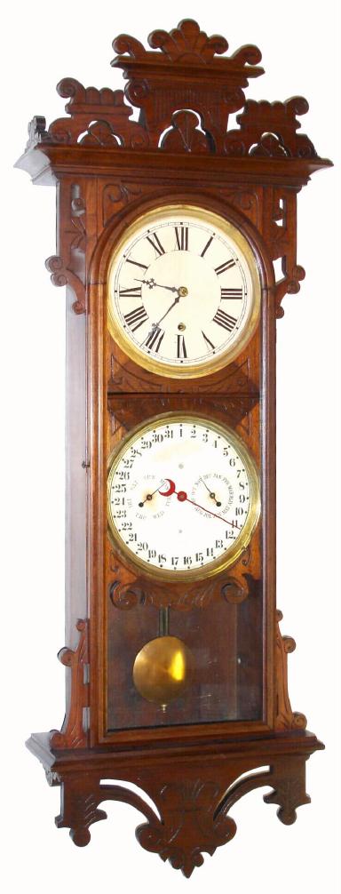 E. N. Welch DAMROSCH, a "double dial" with D. J. Gale patent perpetual calendar mechanism, case of black walnut, 8 day spring, timepiece, C.1885 — Antique Clocks Price Guide