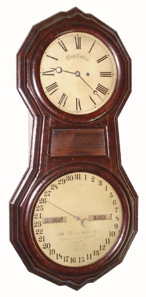 Seth Thomas Clock Co., Plymouth Hollow, Conn, "OFFICE CALENDAR No. 1", double dial perpetual calendar in a figure 8 style case with rosewood veneer, 8-day, weight, C. 1865 — Antique Clocks Price Guide