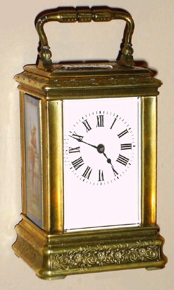 French, brass cased carriage clock, miniature time only, spring driven movement with platform lever escapement in floral engraved Cannelee style case with painted porcelain panels on sides and rear door and Roman numeral porcelain dial, c1900 — Antique Clocks Price Guide