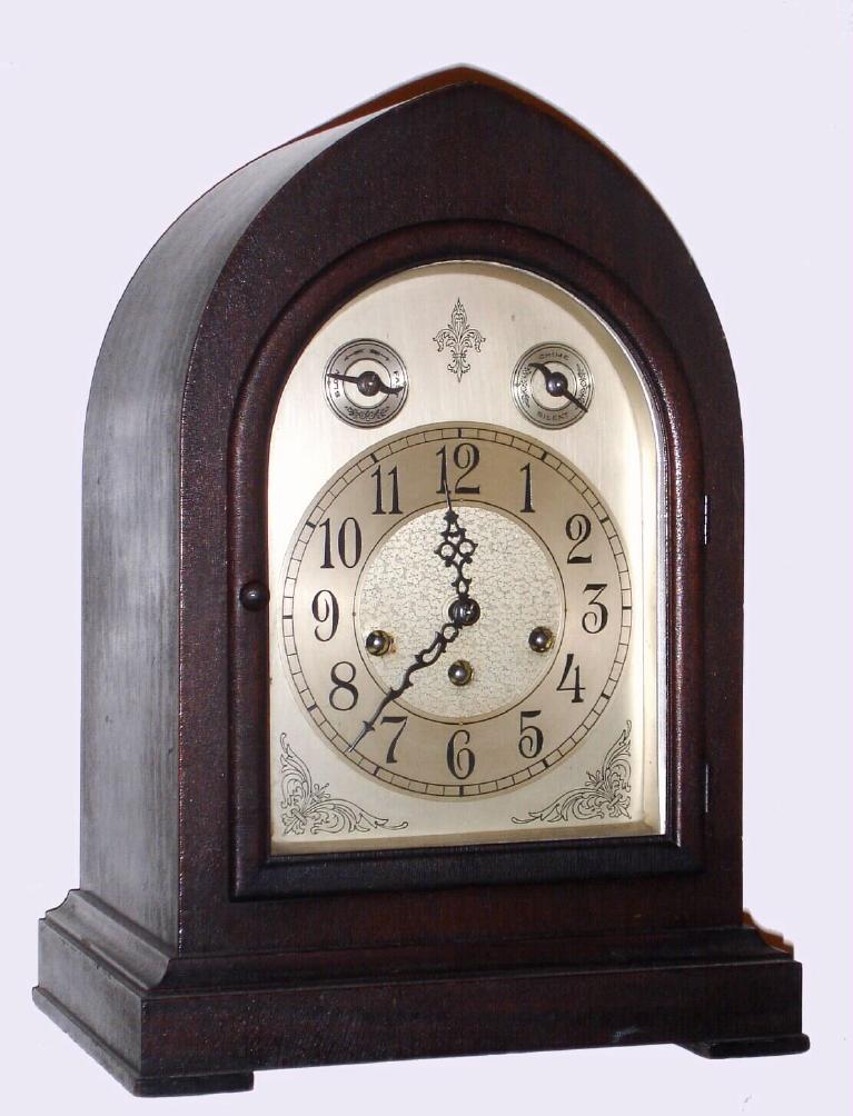 Seth Thomas Clock Co., CHIME CLOCK No. 72, playing Westminster chimes on straight rods, with an engraved and silvered arched dial, and using No. 113 highest grade movement, and with subsidiary dials for Chime / Silent and F/S. — Antique Clocks Price Guide