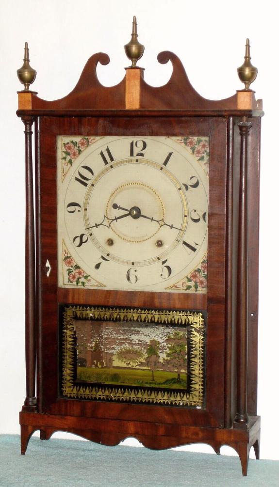 Chauncey Ives, Bristol, Conn, C.1925, Pillar and Scroll, from the Amos Avery collection, the dial signed Nov 1969, probably about the time the case received a new scroll top and finials. 1-day, weight, bell strike. — Antique Clocks Price Guide