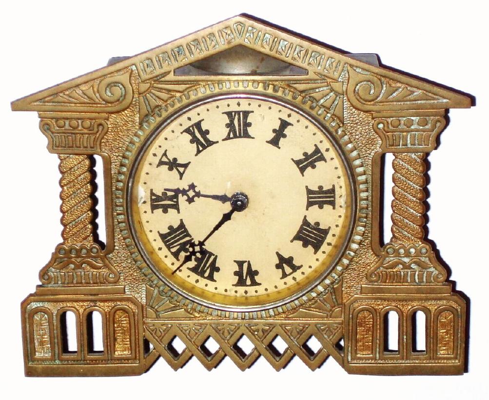 German, c.1910, brass front alarm clock in the shape of a building, and the bell at the apex, 1-day back wind — Antique Clocks Price Guide