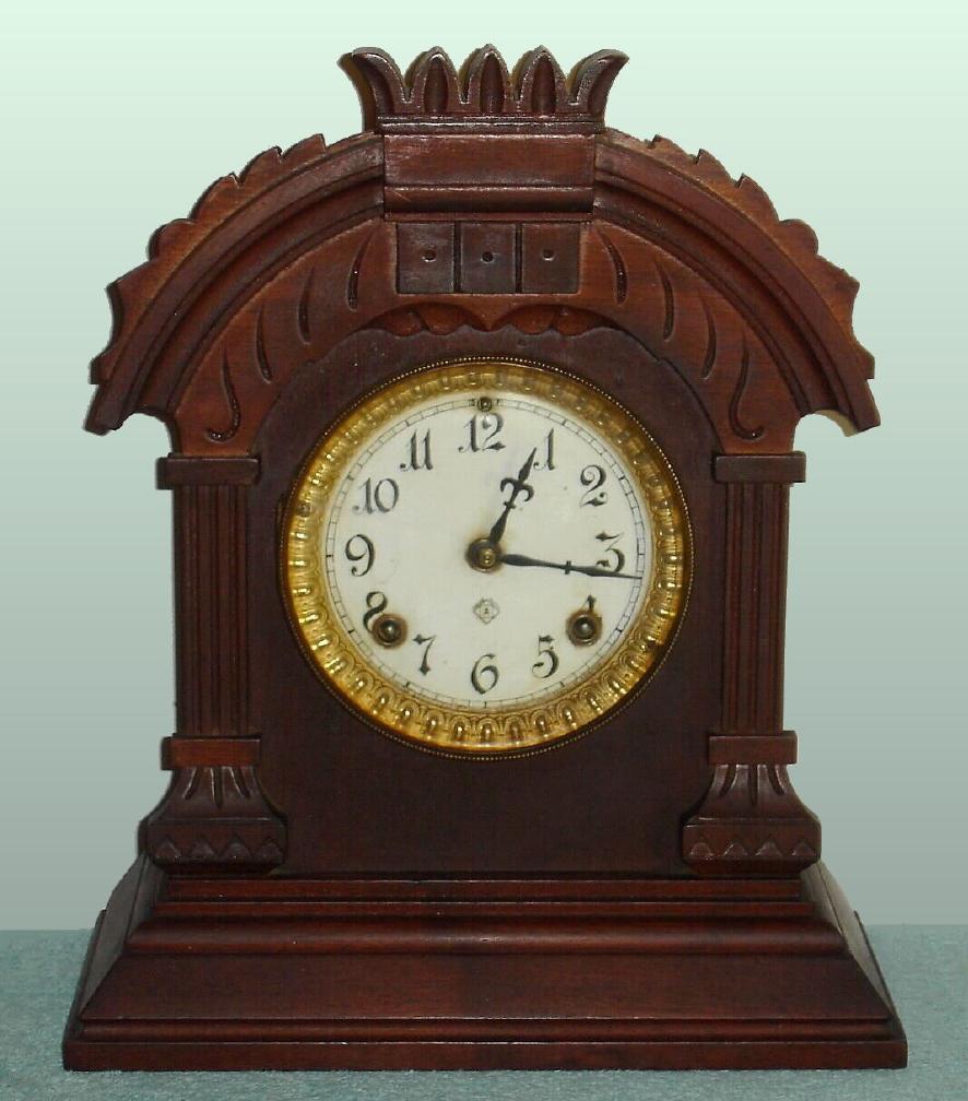 Ansonia Clock Co., NY, "TUNIS" model, walnut cased time and strike mantel clock with solid porcelain dial, c.1900 — Antique Clocks Price Guide