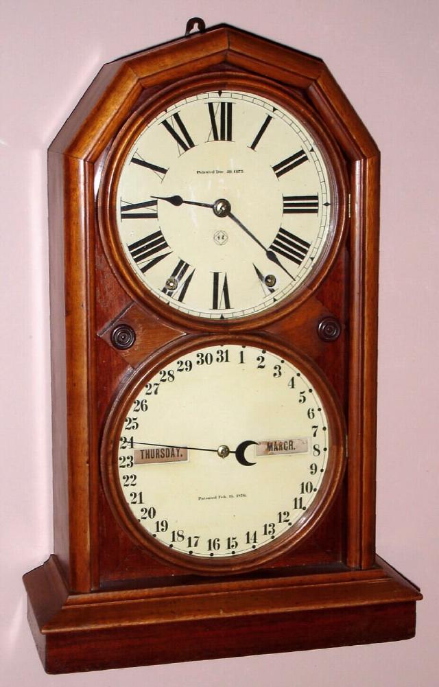 Seth Thomas Clock Co, PARLOR CALENDAR No. 5, double dial perpetual calendar in walnut, octagon top case, 8-day time and strike, C.1875 — Antique Clocks Price Guide