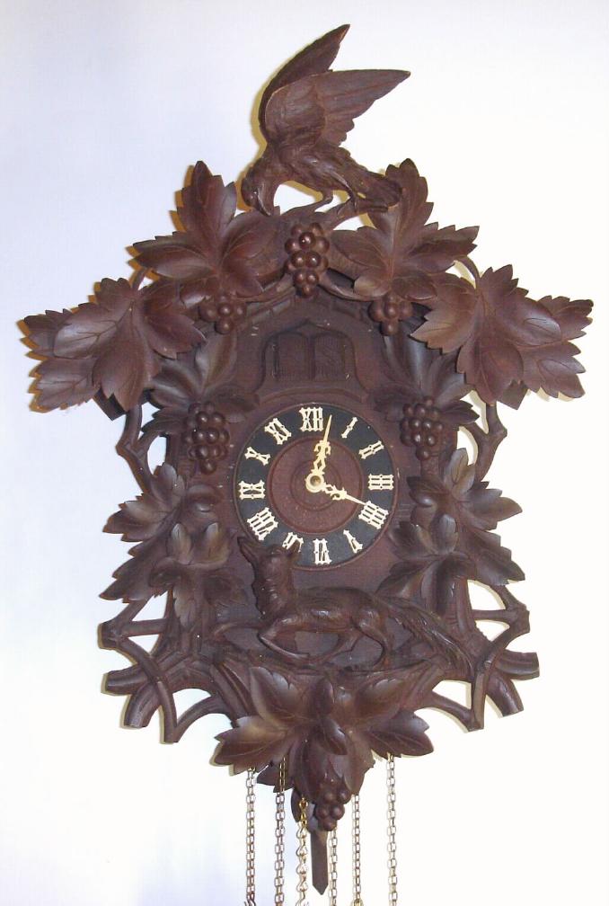 German, Valentine Flieg, larger cuckoo and quail, 3-wt quarter strike Wolf and Grape black forest wall clock, C.1925 — Antique Clocks Price Guide