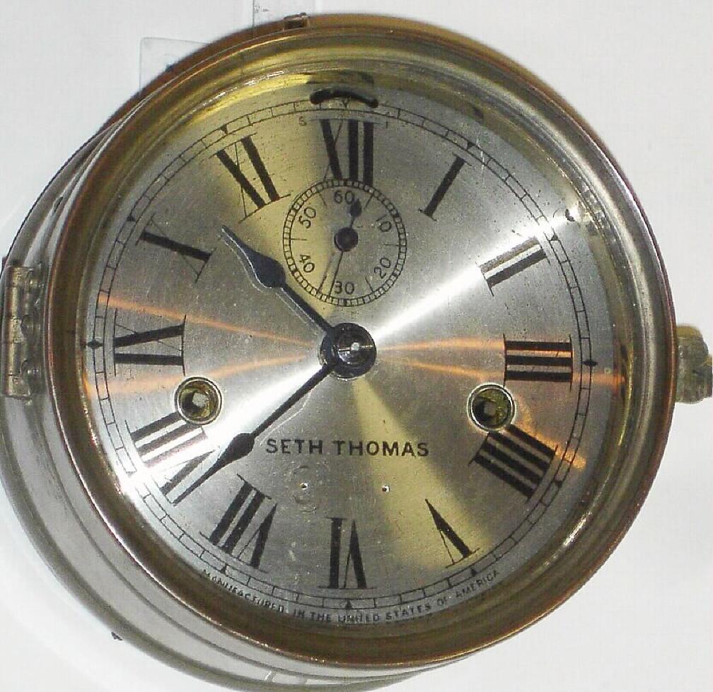 Seth Thomas Clock Co., c.1920, ENGINE LEVER, double spring, time only marine clock in a nickeled brass case, 8-day. — Antique Clocks Price Guide