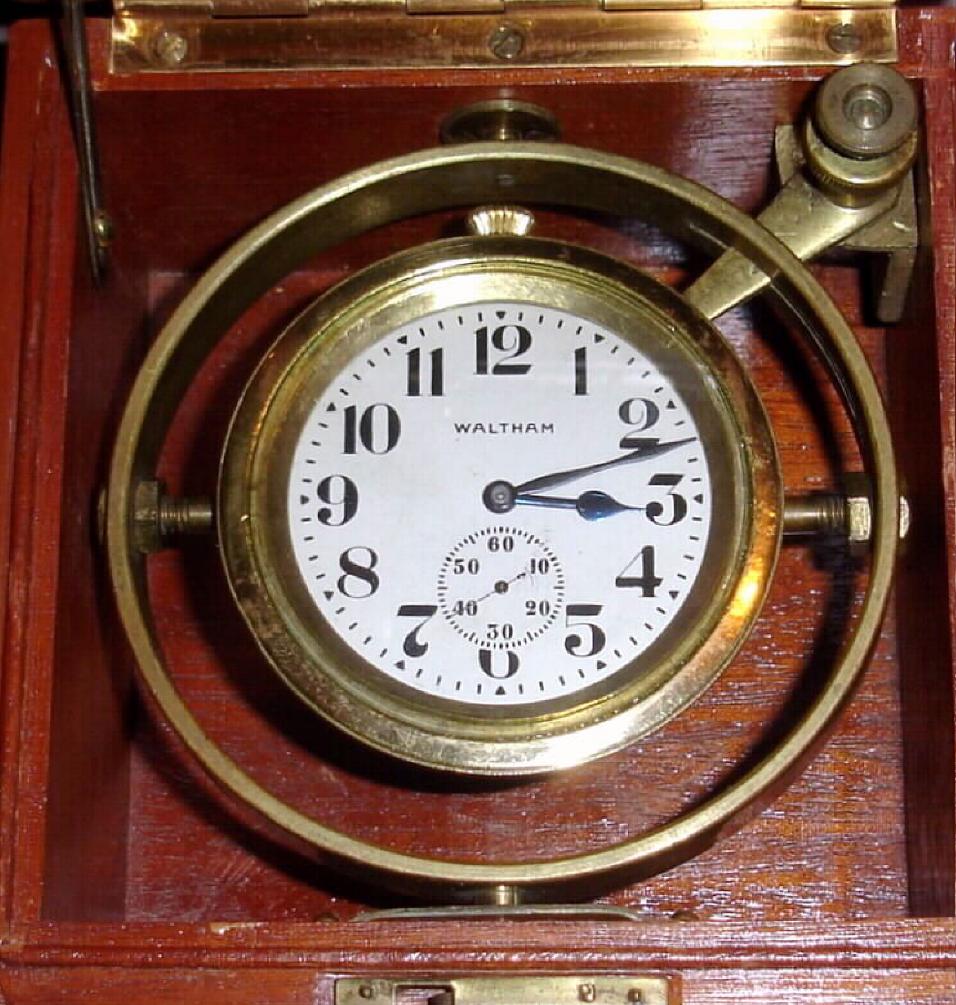 American Waltham Watch Co., Deck Watch, with model 845, 21j. nickeled, damascene, stem wind mov't, with both inner and outer boxes. Mov't adjusted to 5 positions, ser No. 14,174,343, 1st qtr 20th century. — Antique Clocks Price Guide