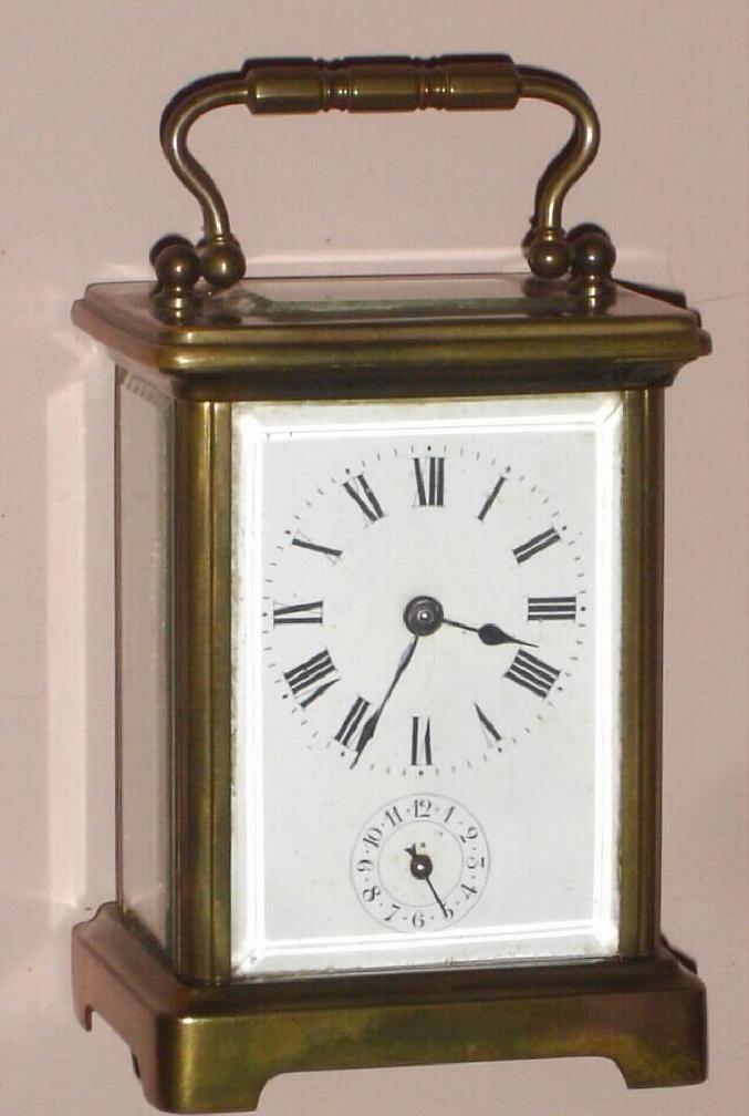 French, brass cased carriage timepiece, with cylinder platform, in an Obis case, c.1910, and with alarm — Antique Clocks Price Guide