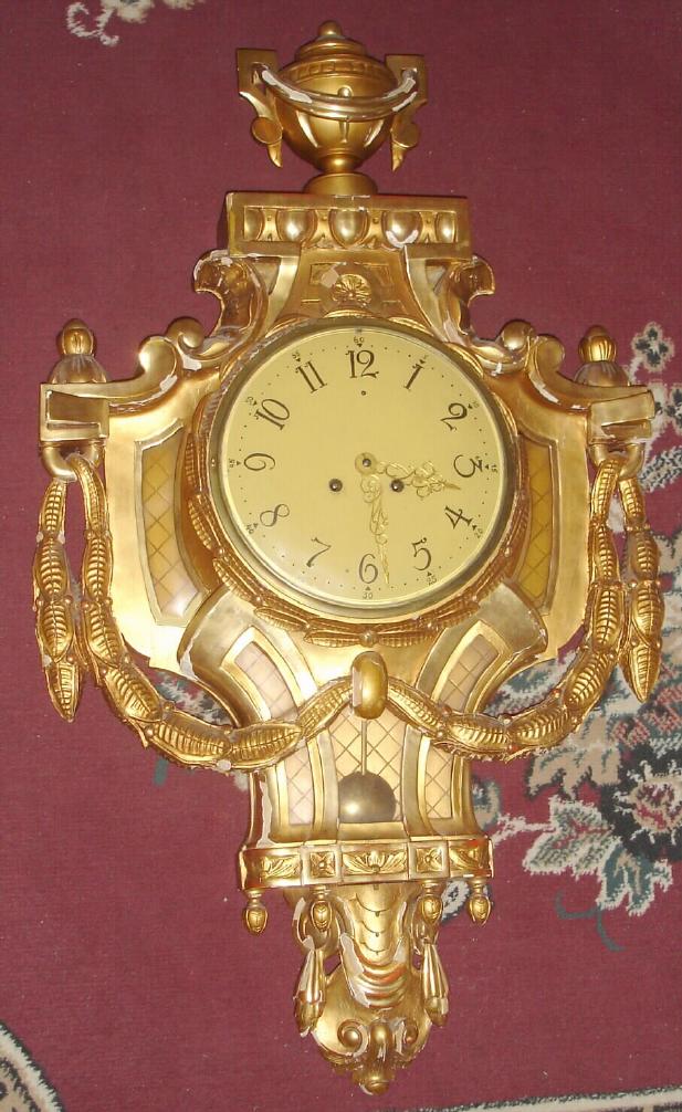German, for the Swedish market, large gilt wood cartel clock by Lenzkirch [unsigned, but with appropriate markings], C.1900, 8-day bell strike, serial No. 1Million -- 214394. — Antique Clocks Price Guide