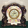 Ansonia Clock Co., C.1915, Royal Bonn, Blue Cobalt, "LA CANTAL" porcelain china cased clock, with 8-day, gong strike mov't with open escapement on porcelain dial, and with bright gold highlights.