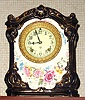 Ansonia Clock Co., C.1905, Royal Bonn, "LA GARD" porcelain china cased clock in cobalt blue, with 8-day, gong strike mov't with one piece creamy porcelain dial with fancy red trim between the numerals.