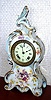 Ansonia Clock Co., C.1895, Royal Bonn, "LA CAPELLE" porcelain china cased clock, with 8-day, gong strike mov't, as-found. Colors are light blue accents on white, with violet and grey pansies.