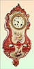 Ansonia Clock Co., C.1906, Royal Bonn, "PORCELAIN HANGING No. 2" china cased wall clock, with flower pattern to case, bell strike balance wheel, 8-day mov't. The white/cream case has rich pink accent with gold highlights.