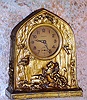 Ansonia Clock Co., cast pot metal BANK novelty, the case depicting dogs and horseback hunters capturing a wild boar, and the back with slots for coins and a key lock door to remove the money {this door soldered shut}