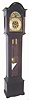 German, B+D Trademark, 2-wt gong striking tall clock with rolling moon brass dial, seconds hand below 12 and calendar above 6, in a dark mahogany case with glazed front door, and heavy lead filled pendulum. Dial with raised gilt Arabic numerals.