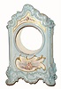 Case only, French, Porcelain china with hand painted floral decorations on the sides, and an accented transfer of cherubs below the dial opening of 4", light powder blue in color.