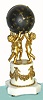 French, Vincenti and Cie, ormolu and marble figural clock, three cherubs supporting a globe with applied gilt stars and Roman numerals to designate the dial, containing the 8 day time and strike spring driven clock movement with balance / platform escapement all on a white marble plinth with applied garland trim, c1890