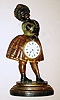 Topsey carved wooden mantel clock with French 8 day time only mov't with platform cylinder escapement in ebonized and polychrome painted case with Roman numeral porcelain dial inset into Topsey's dress, c1875