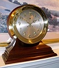 Chelsea Clock Co., Boston, 10 INCH CHELSEA model, Ship's Bell on mahogany base, C.1910, restored, with hinged bezel, button latch, and special dial with raised bronze numerals.