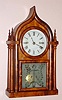 J. C. Brown, Forestville Mfg, Forestville, Conn, four poster gothic w/ ogee top (some call it onion top) case, with well figured mahogany veneer and with cut glass tablet, 8-day FUSEE, C.1848,