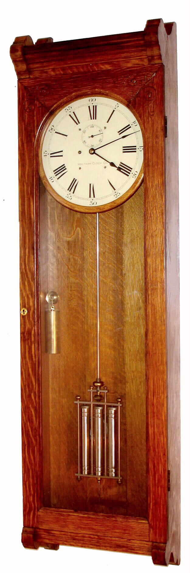 Waltham Clock Co., Regulator No. 13, oak cased jeweler's timepiece with 3-jar mercury pendulum [sealed, polished metal jars], C.1910. Note the model 13 is nearly identical to model 16, just slightly longer and more robust, serial 918, — Antique Clocks Price Guide