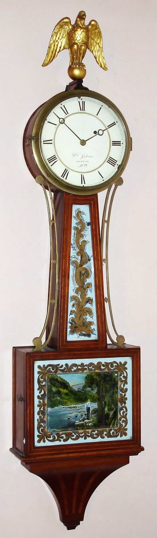 William Jepson, Boston banjo, weight driven, 8-day time only wall clock, c1950 (modern case) with period mov't. — Antique Clocks Price Guide