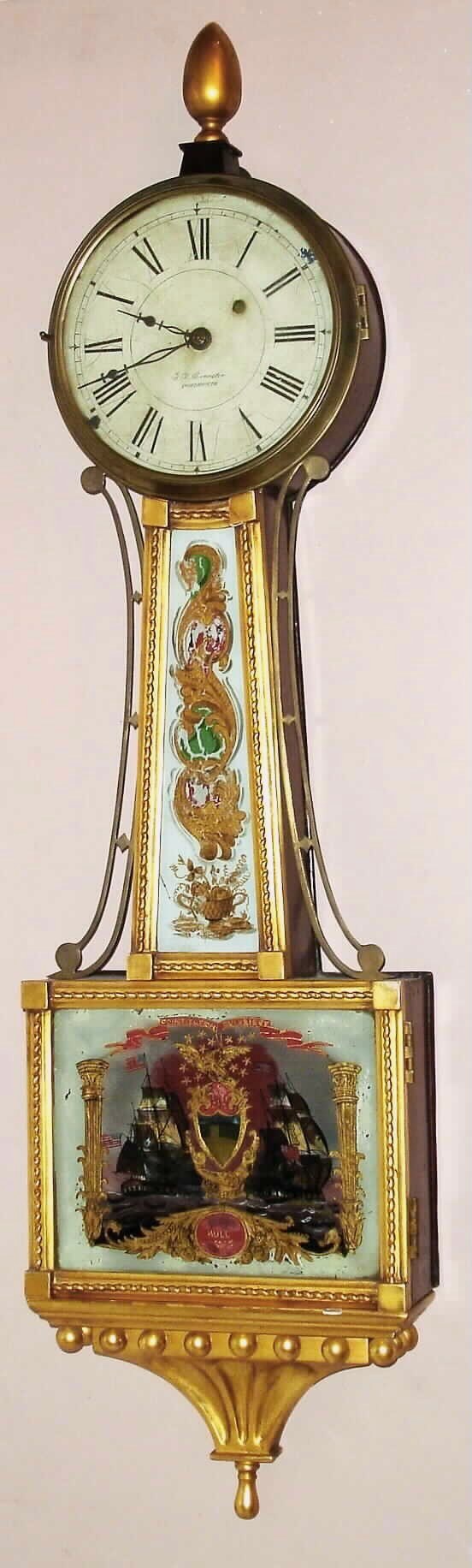 G. G. Brewster, Portsmouth, NH, presentation banjo, weight driven, 8-day, time only wall clock, rope twist, gold front, c1830 — Antique Clocks Price Guide