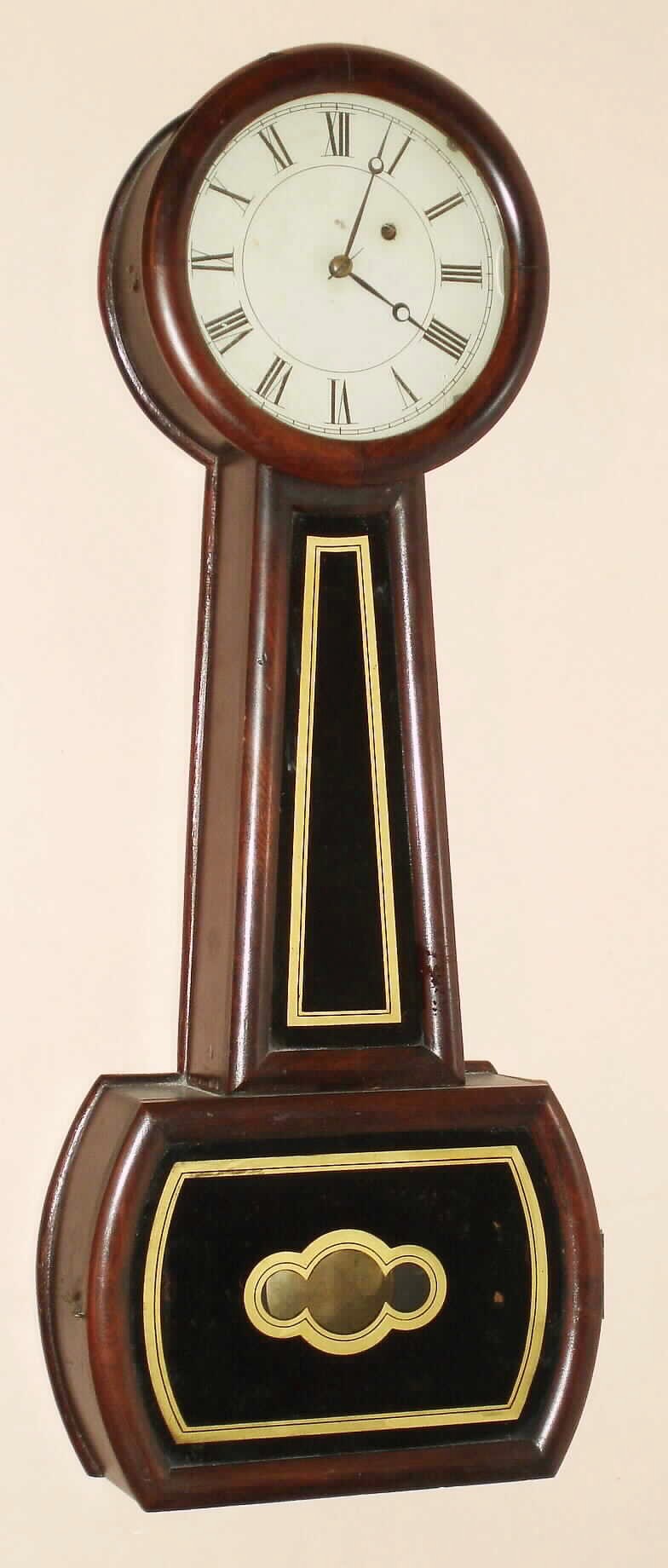 Attleboro banjo, 8 day time only weight driven, in a rosewood grain painted cherry case with moon style hands, c1850 — Antique Clocks Price Guide