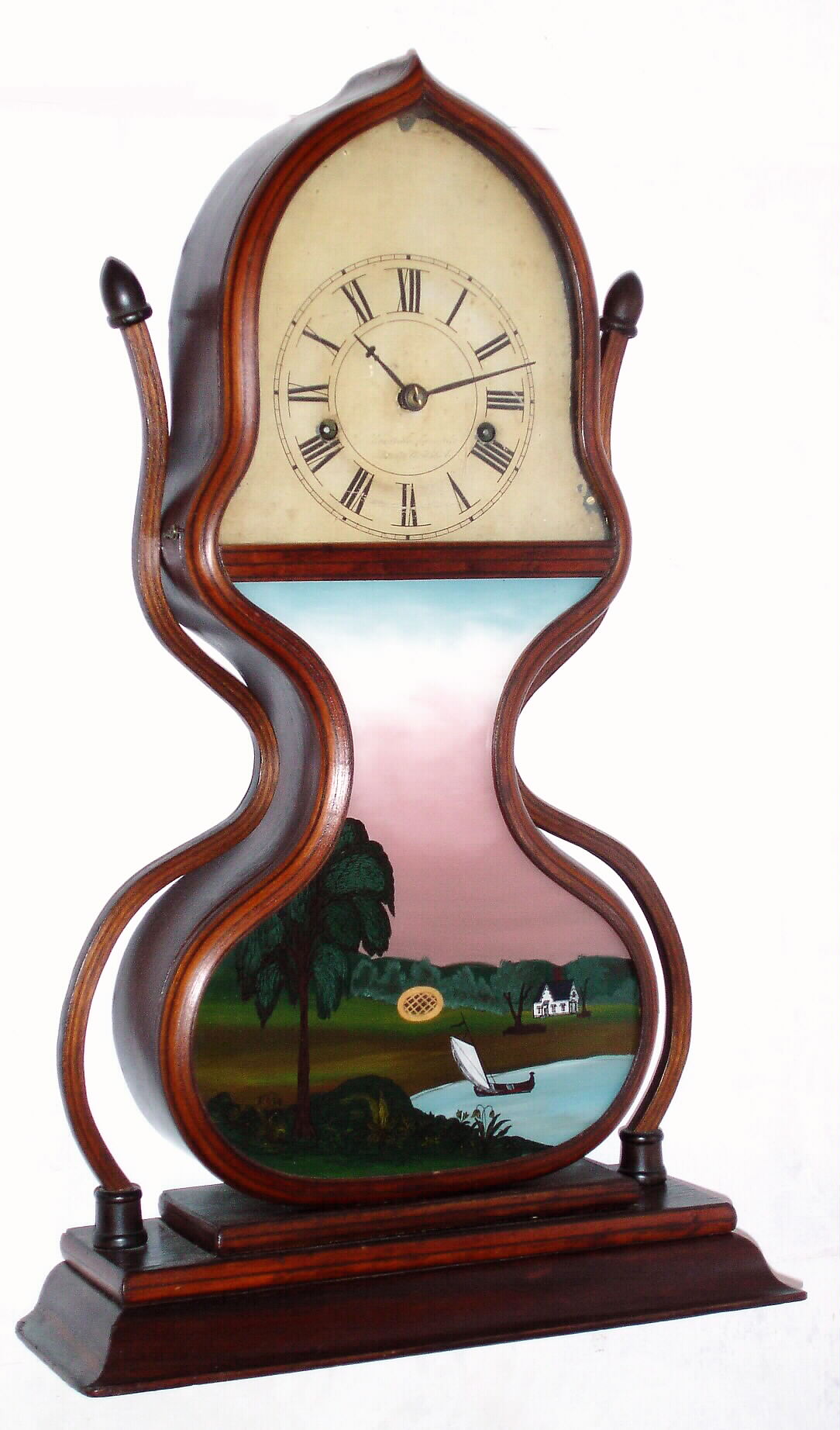 Forestville Manufacturing Co., Bristol CT, U.S.A. "Shelf Acorn" clock with 8 day time and bell strike, detached double fusee mvt in a mahogany and maple laminated case with side arms, c1845 — Antique Clocks Price Guide
