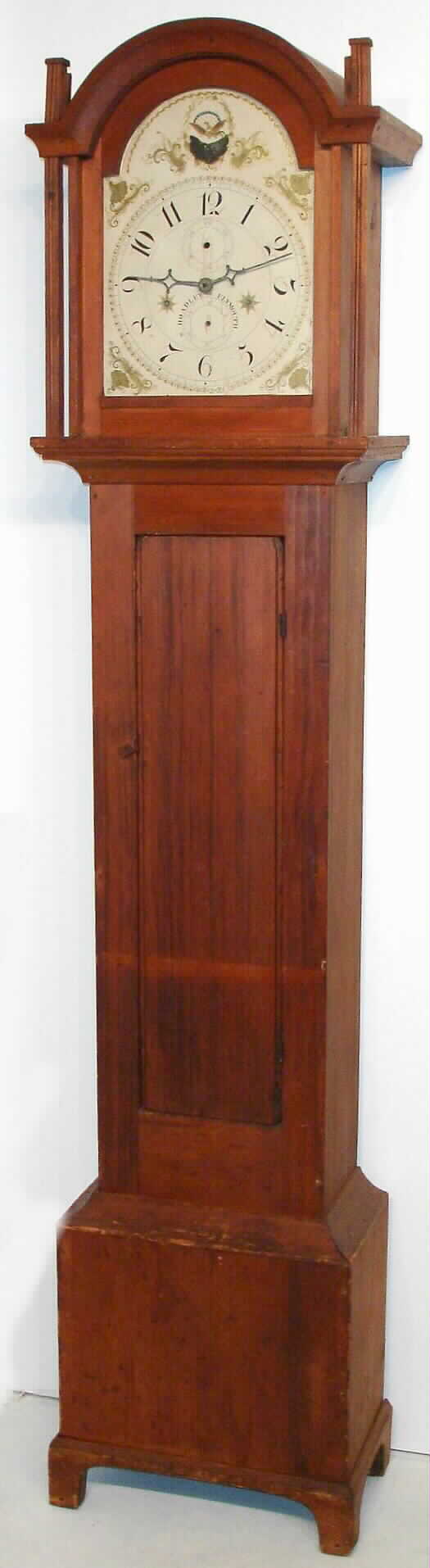 Silas Hoadley tall clock time and strike 30 hour wooden works movement with and date calendar at 6 o'clock and seconds bit at 12 o'clock in grain painted poplar and pine case, c1820 — Antique Clocks Price Guide