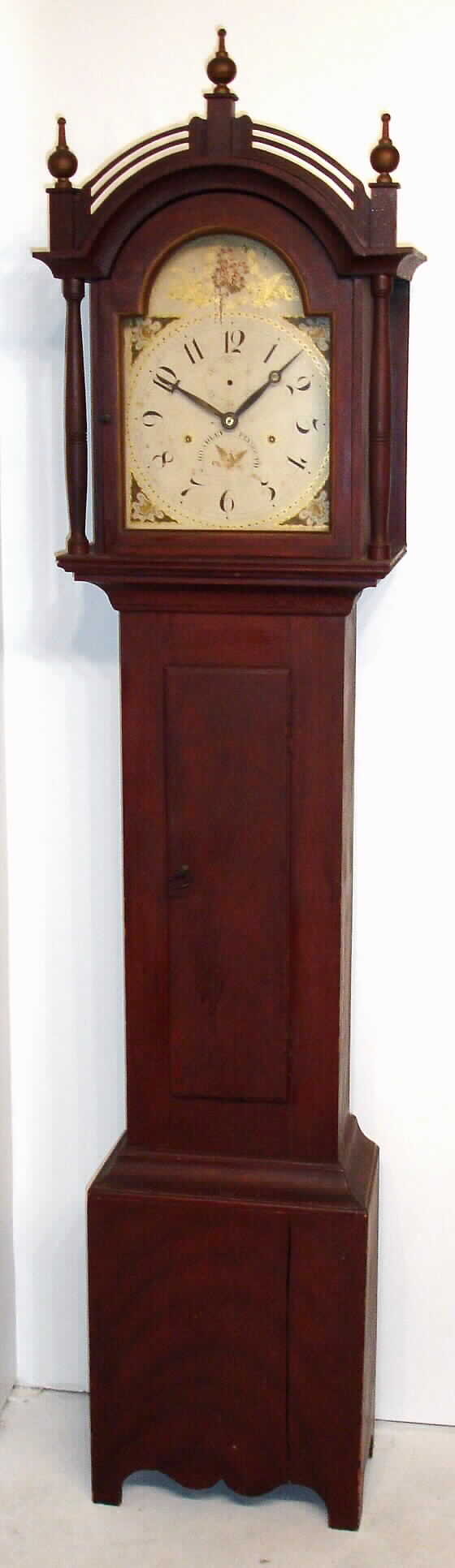Silas Hoadley, Plymouth Conn., tall clock time and strike 30 hour wooden works movement w/ ivory bushings with second's bit at 12 o'clock in grain painted poplar case, c1820 — Antique Clocks Price Guide