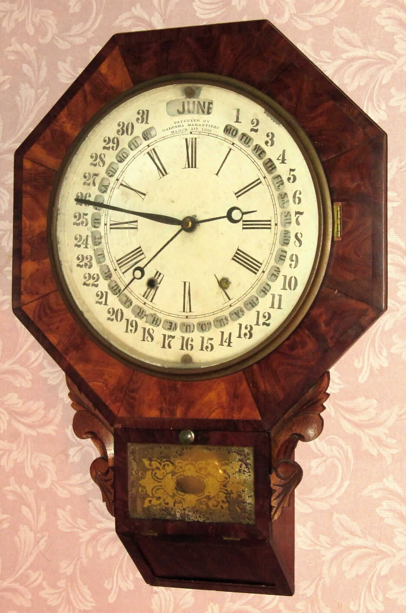 Gilbert Manufacturing Co., Winsted, Conn, short drop octagon with patent Galusha Maranville calendar dial, C.1862. — Antique Clocks Price Guide