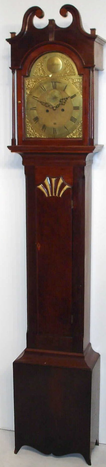 Henry Rentzheimer American tall case clock, 8 day time and strike weight driven movement in mahogany fan decorated case with arched brass dial and seaweed spandrels, displaying date aperture at 6 o'clock and second's bit at 12 o'clock and signed Henry Rentzheimer on disc in arch, c1785 — Antique Clocks Price Guide