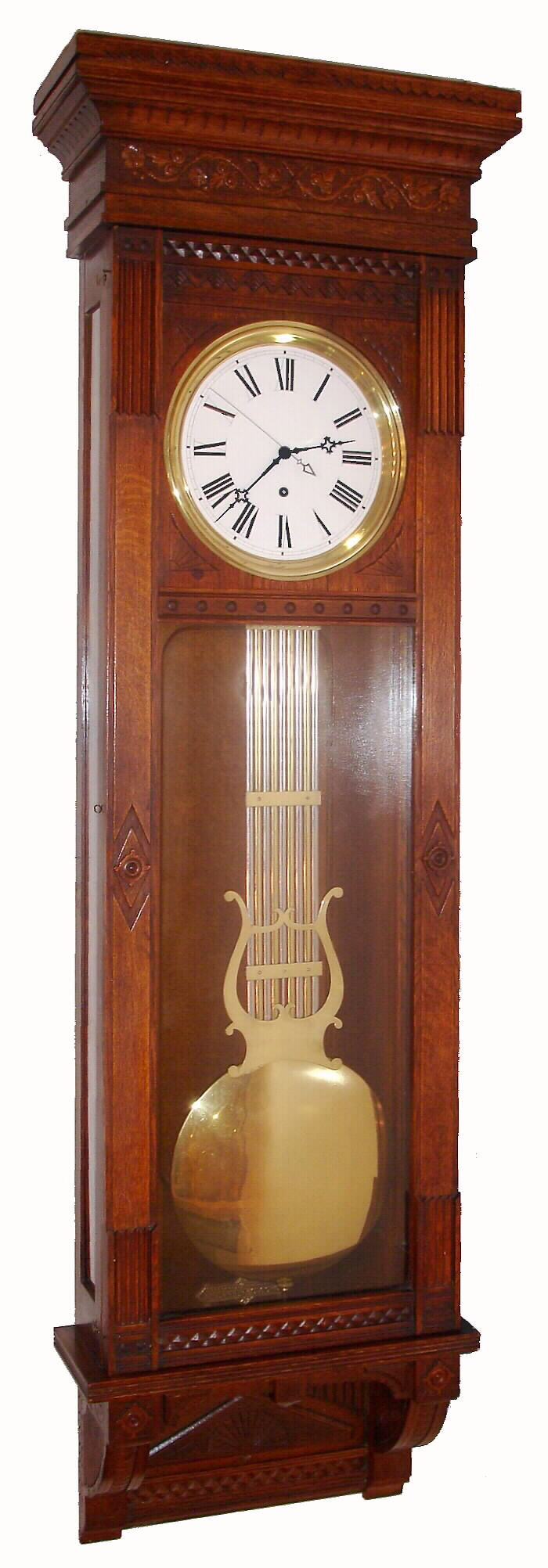 Waterbury Clock Co., "Regulator No. 7", oak cased jeweler's wall regulator, with oval rod lyre pendulum, weight driven, 8-day, C.1880. — Antique Clocks Price Guide