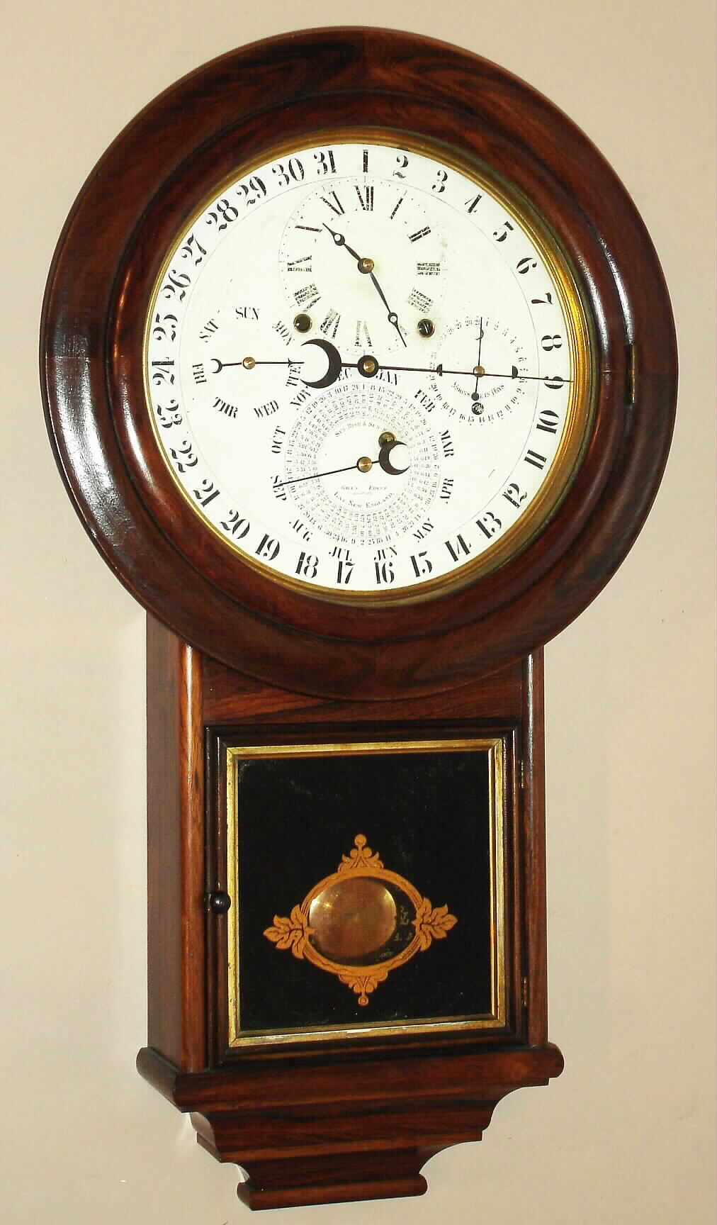 D. J. Gale, Drop Calendar No. 2, as mf'd by Welch, Spring and Co., with full astronomical indications for age of the moon, day of week, date, and equation of time chart showing sunrise and sunset times for New England latitudes — Antique Clocks Price Guide