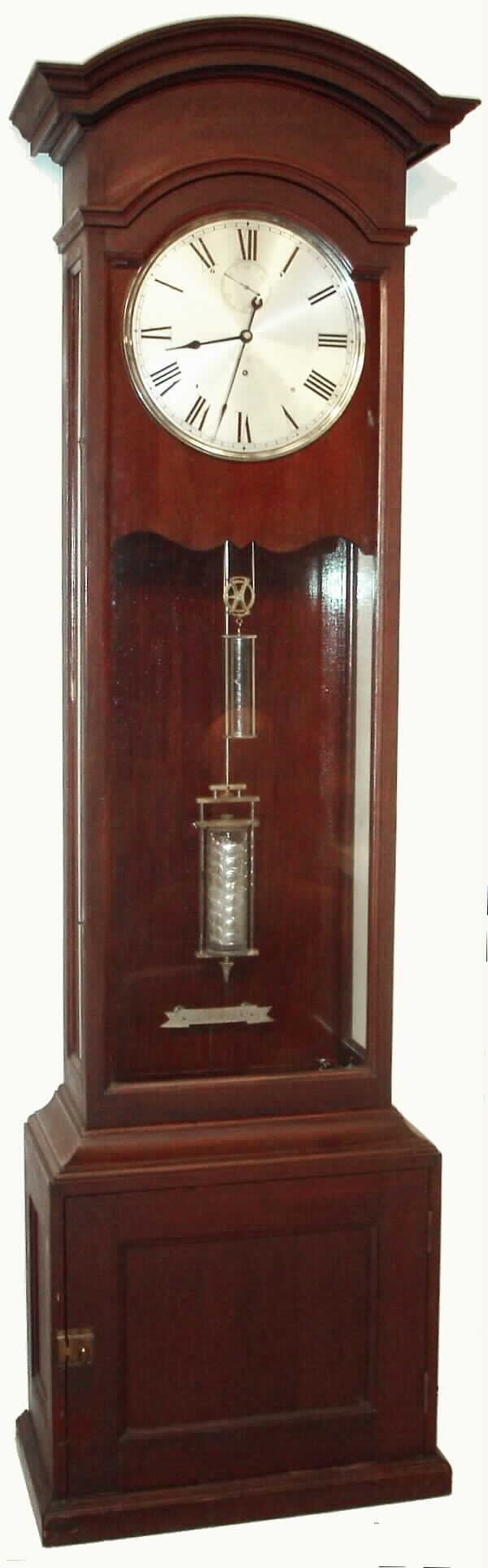 Seth Thomas Clock Co., floor standing precision regulator, with variant No. 68 movement, dated April 25th, 1892, No. 94, and having cut pinions, maintaining power, new style click with tail for let down, mov't nicely signed and with date, also mercurial pendulum, The well made mahogany case with rubber dust gasket for the full length of the door, original hardware including nickel plated winding key. This clock came from the Clark and True Jewelry store of Middletown, Conn. — Antique Clocks Price Guide