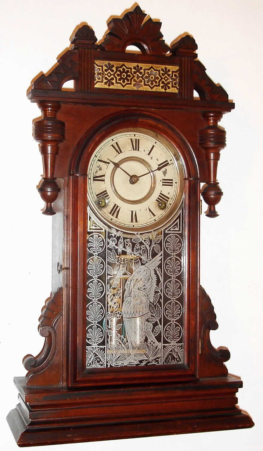 Ansonia Clock Company, New York, "Agnes" 8-day time and strike walnut shelf clock, C.1883. — Antique Clocks Price Guide