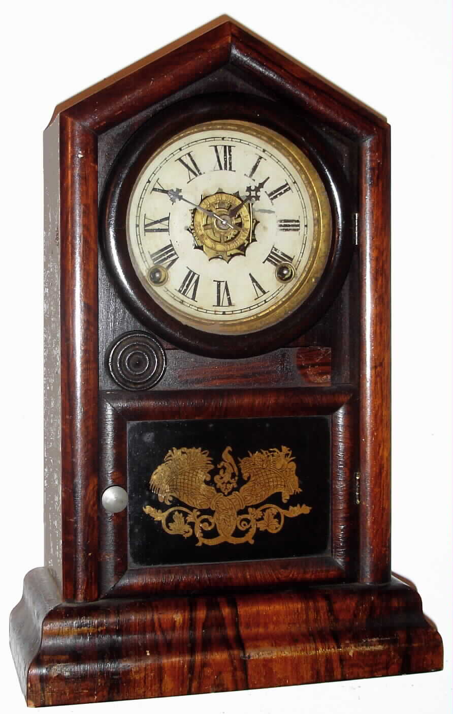 E.N. Welch, Forestville, Conn. Gothic 8-day rosewood veneer shelf clock with alarm, C.1880 — Antique Clocks Price Guide