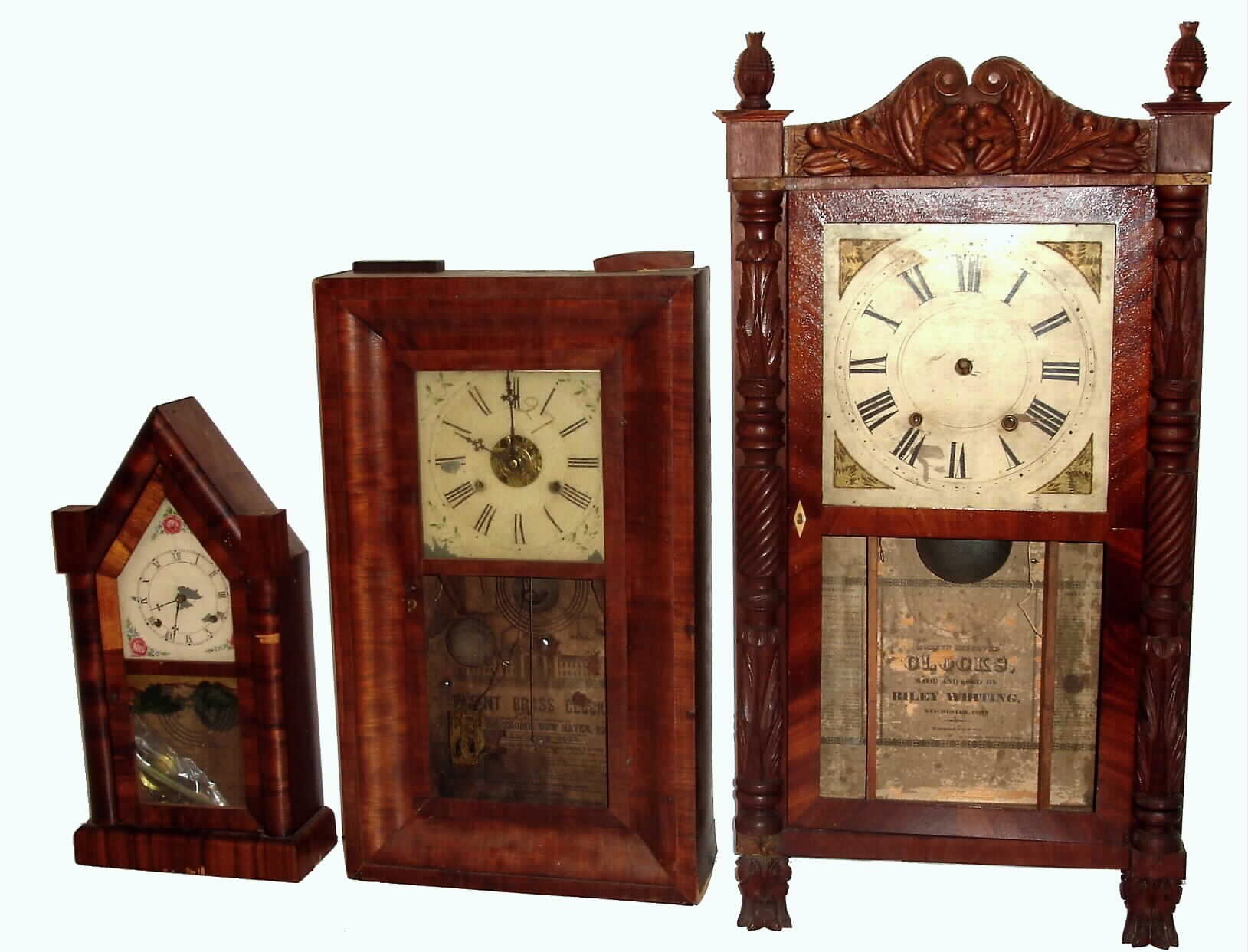 Clocks- (3) incomplete clocks: a New Haven Clock Co. 8-day steeple clock, Height 20 inches a Chauncey Jerome, New Haven, 30-hour OG shelf clock, Height 26 inches a Riley Whiting 30-hour wooden works carved column and splat, Height 34 inches and a wooden works movement — Antique Clocks Price Guide