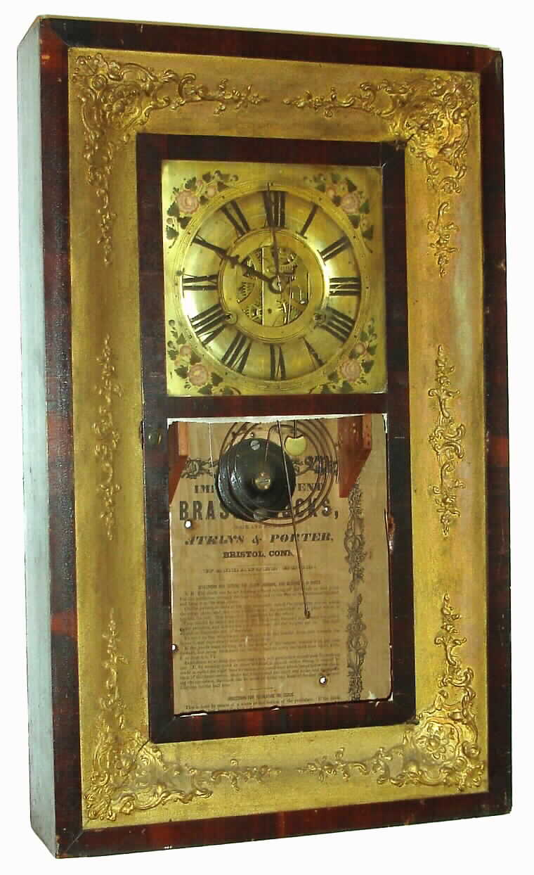 Atkins and Porter, Bristol, Conn., 30-hour weight-driven time and strike brass-dial OG shelf clock, C.1844. — Antique Clocks Price Guide