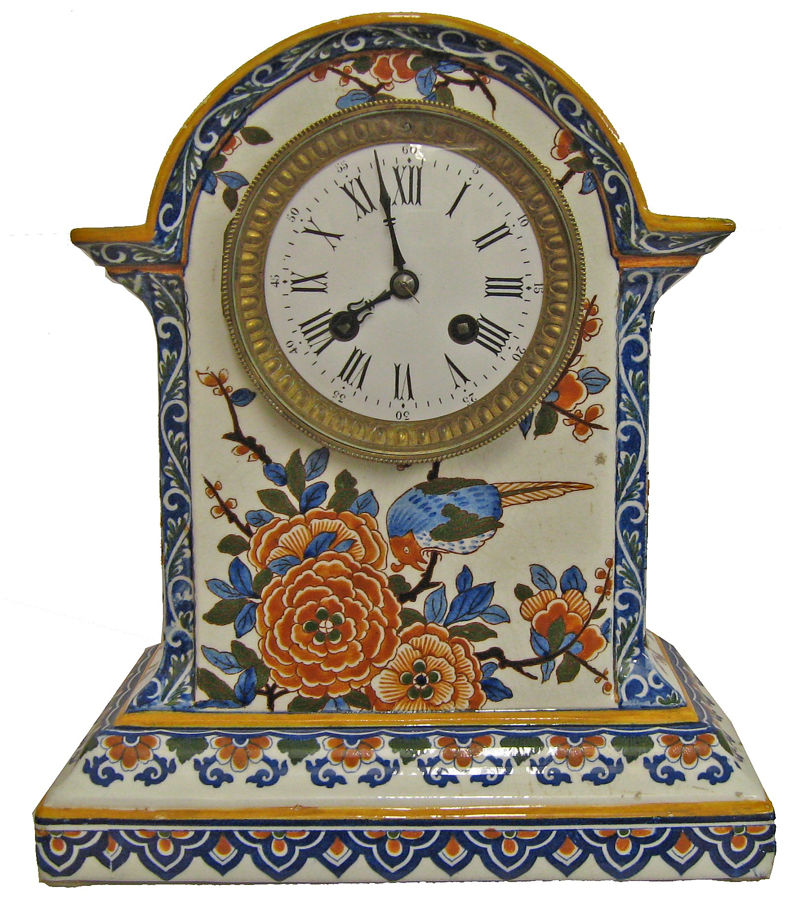 French, Faience pottery clock done in the country style 8 day time and strike mvt, c1860 — Antique Clocks Price Guide