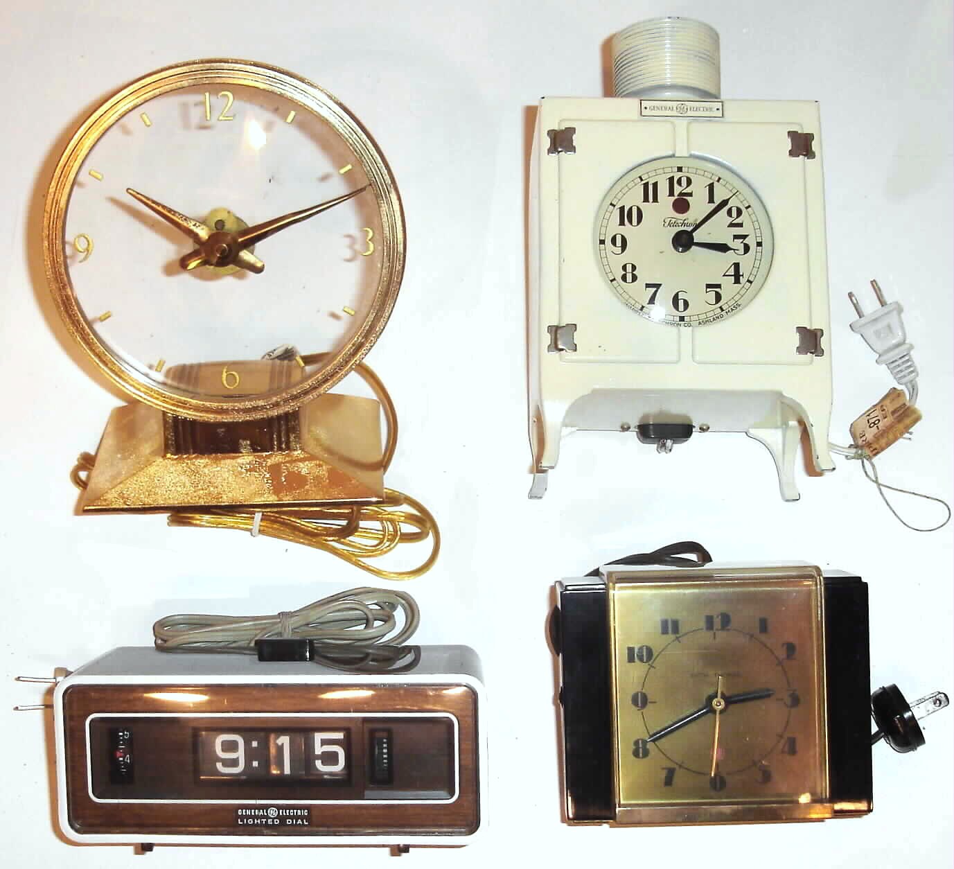 Clocks- (4) Plug-In Electric: Haddon, Chicago, "Golden Visionette" mystery clock, c1960; Warren Telechron, Ashland MA, Refrigerator Clock; General Electric lighted-dial digital alarm; Seth Thomas "Carlisle" Deco-style alarm, c1955 — Antique Clocks Price Guide