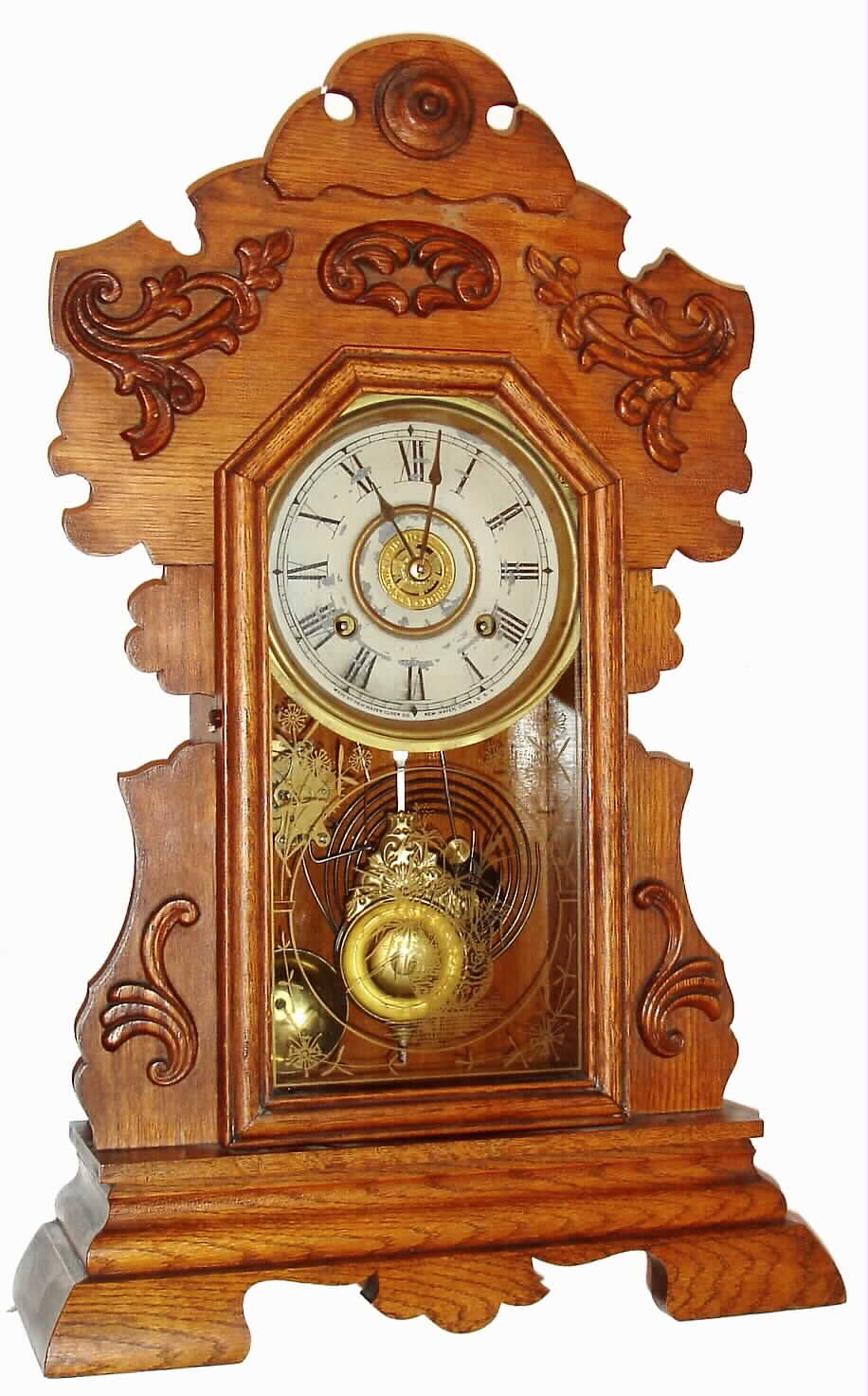 New Haven Clock Co, "Mersey Line C" oak 8-day kitchen clock, time and strike with alarm, C.1907. — Antique Clocks Price Guide