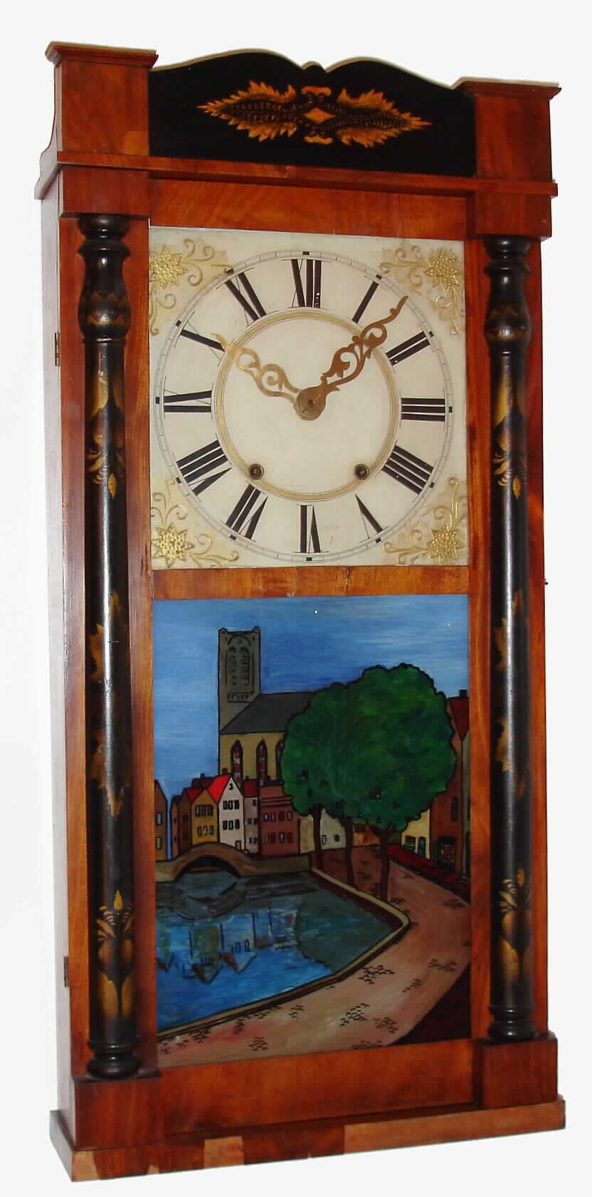 Homer Bishop, Bristol, Conn. mahogany-veneer Stenciled Half-Column and Splat two-weight 30-hour time- and strike wooden-works shelf clock, C.1832. — Antique Clocks Price Guide