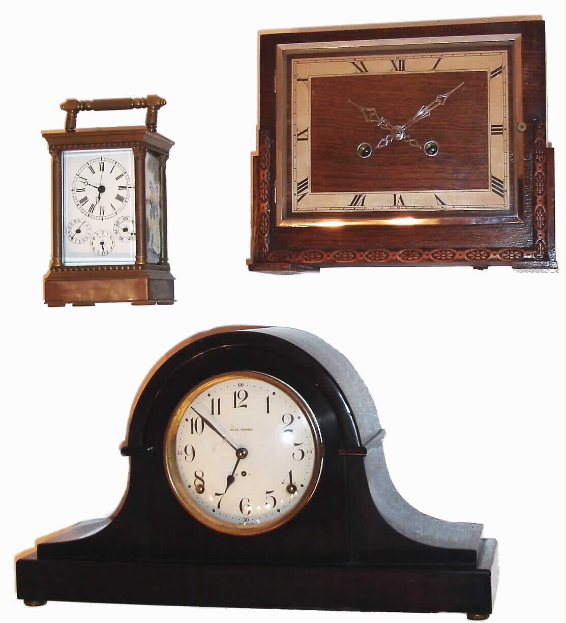 Clocks- (3): a modern reproduction Asian repeating 8-day calendar and alarm carriage clock with painted enamel side panels and leather case; a Seth Thomas Adamantine 8-day time and strike tambour mantel clock, C.1925; English square oak 8-day time and strike mantel clock C.1950 — Antique Clocks Price Guide