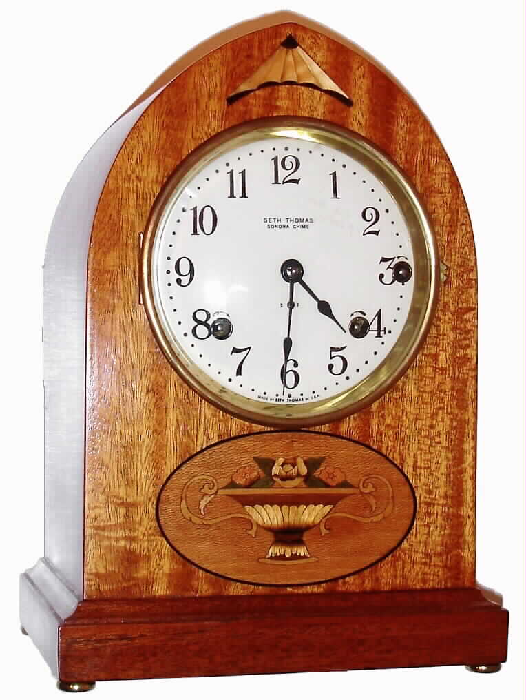 Seth Thomas Clock Co., Thomaston, Conn., 5-Bell Sonora-Chime inlaid mahogany 8-day mantel clock, dated 1916. — Antique Clocks Price Guide