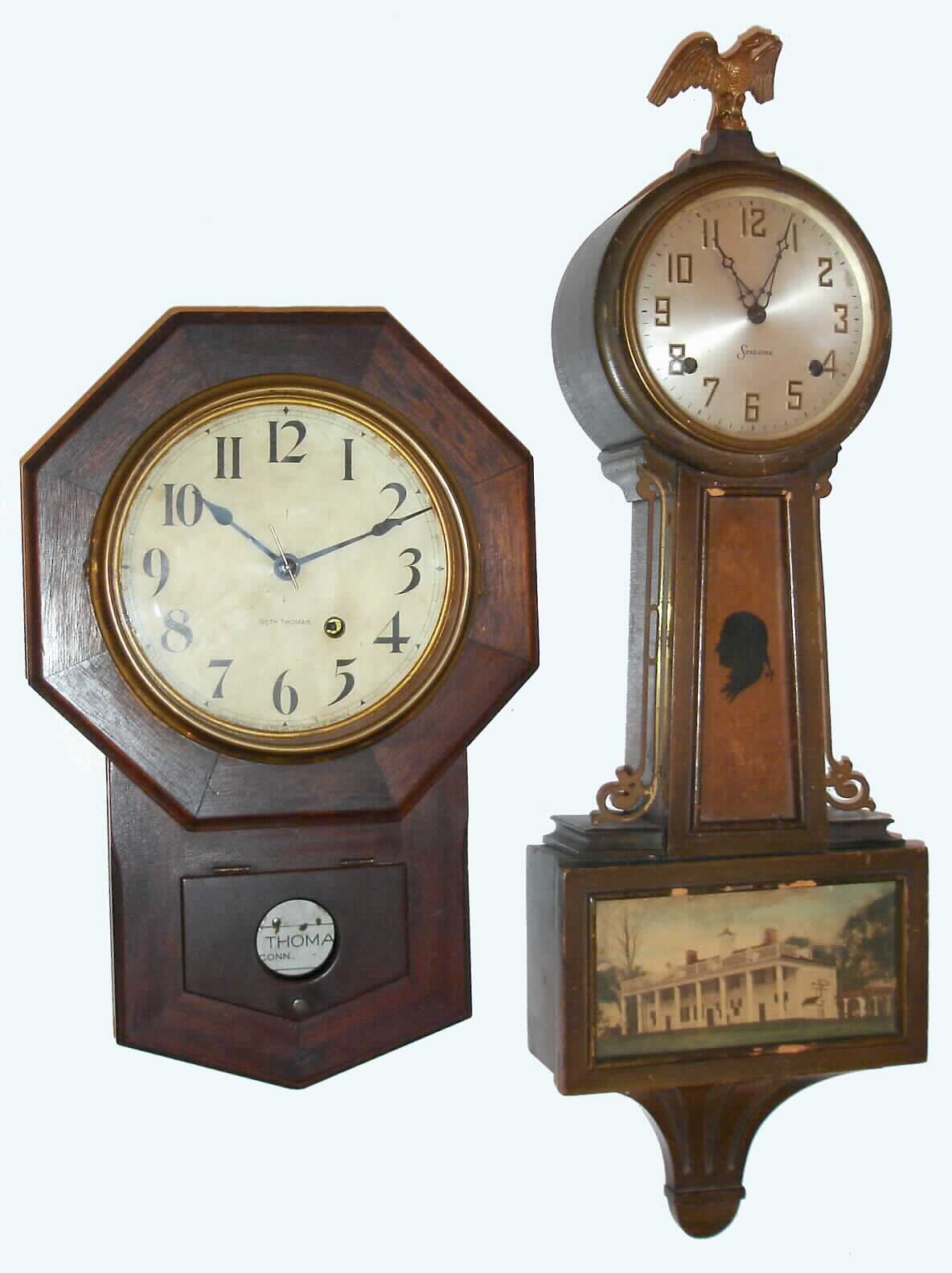 Clocks- (3): Seth Thomas "Drop Octagon 8 Inch" 8-day time-only fumed-oak school clock c1908; a Sessions "Hadley" time and strike 8-day mahogany-finish banjo clock c1939; and a Boulle electric clock with no dome — Antique Clocks Price Guide