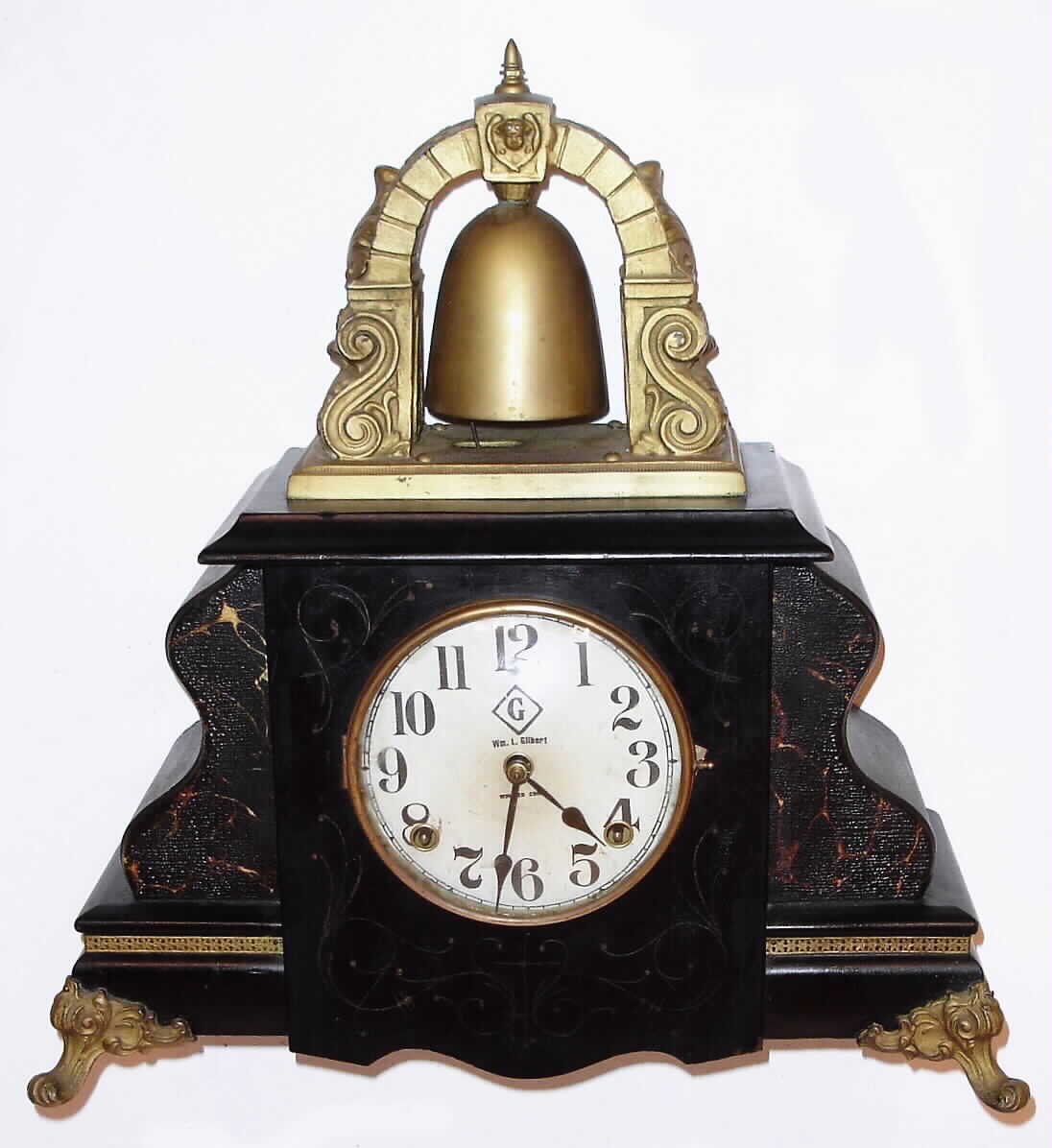 Gilbert Clock Co., Winsted Conn, "Curfew" enameled wood 8-day time and strike mantel clock, dated 1913. — Antique Clocks Price Guide