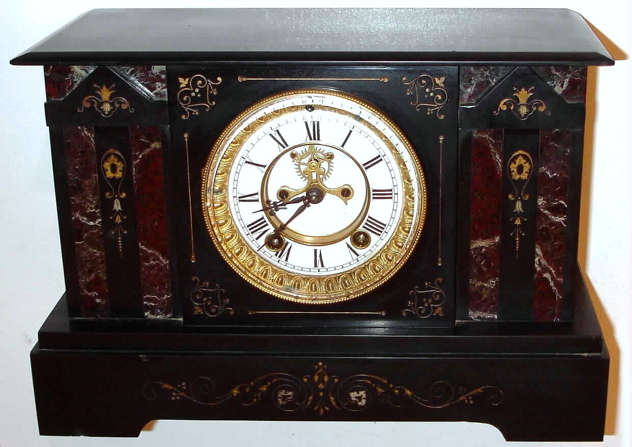 Ansonia Clock Co, New York, "El Pinafore" black marble 8-day time and strike mantel clock, C.1904. — Antique Clocks Price Guide