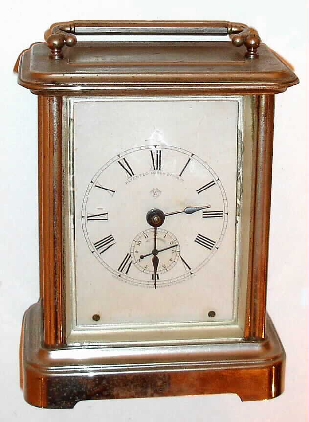Ansonia Clock Co., New York, "Musical Carriage" nickel-plate 30-hour time and alarm portable clock, C.1883. — Antique Clocks Price Guide